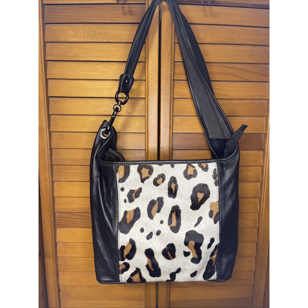 INNUE Italian Genuine Leather Handbag Dk Brown w Leopard Calfskin Front Panel